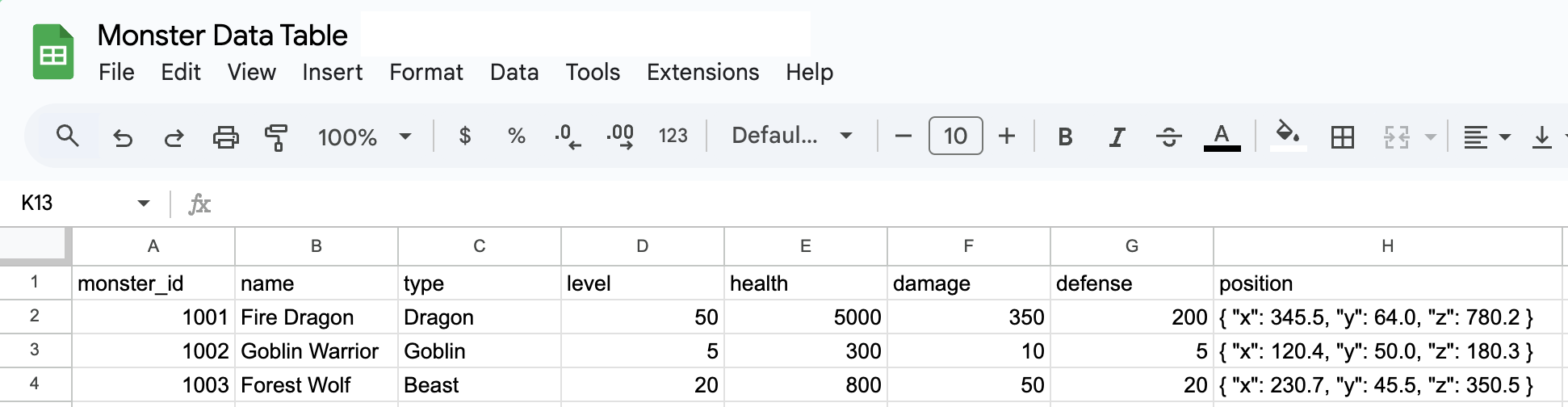 example csv